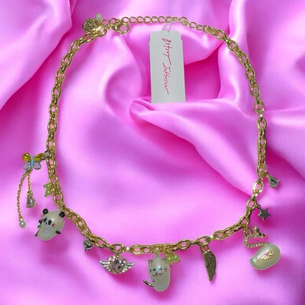 Betsey Johnson Jeweled Critters Charm Necklace & Mini Travel Jewelry Bag